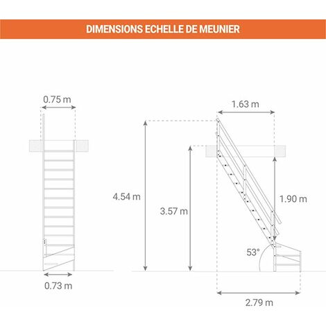 Escalier de meunier - Quart tournant à droite - main courante à droite - Hauteur à franchir 3,57m max - MSS-MSW-R/MCD