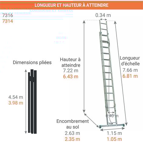 Echelle coulissante 2 plans de longueur pliée de 4.55m. dépliée de 7.67m. - 7316