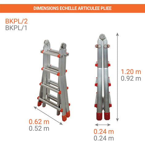 Echelle transformable 2 plans - Longueur 4m / pliée 1,2m - Hauteur escabeau 1,98m - BKPL/2