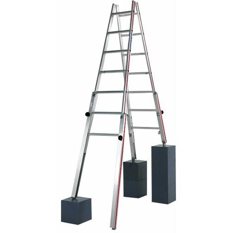 Échelle double aluminium pour escaliers – 2x7 marches – 4 pieds réglables – Antidérapante – Norme EN131 – Hymer