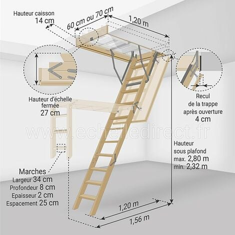 Escalier escamotable bois - Hauteur sous plafond  2.80m - Trémie 70x120cm - LWS70120-2