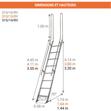 Echelle de meunier 13 marches - Hauteur à franchir 3.80m - S15/15RV