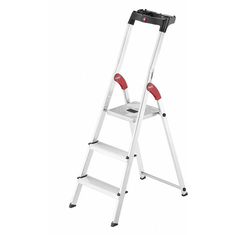 Hailo – Escabeau pliable en aluminium 3 marches – Hauteur de travail 2,63 m – Charge max 150 kg – Garde-corps et tablette porte-outils