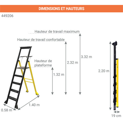 Escabeau grande plateforme 6 marches - Hauteur de travail max. 3.32m - 449206
