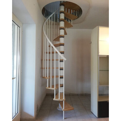 Escalier colimaçon 12 marches - Hauteur à franchir 2.46 à 2.88m - Diamètre 138cm - Bois et blanc - Sens anti-horaire - HOOP138/BB-AH-12