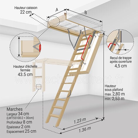 Echelle escamotable bois - Ouverture du plafond de 55 x 100cm - LWT55100-2
