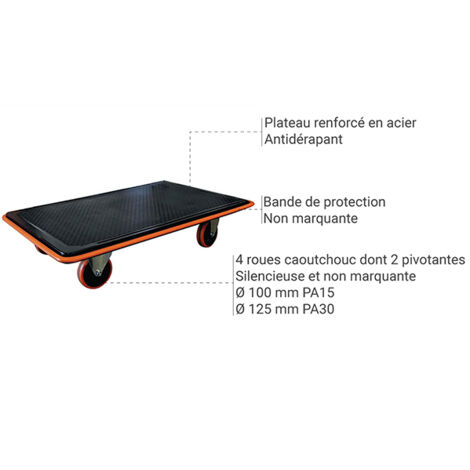 Plateau acier - Roues non marquantes Ø 100 mm - Charge max. 150kg - PA15