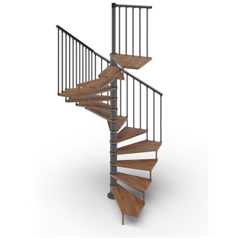 Matisère – Escalier en colimaçon 12 marches – Hauteur réglable 2.46 à 2.88m – Diamètre 120cm – Structure acier blanche – Marches en bois massif Noyer