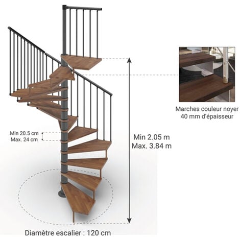 Escalier colimaçon 13 marches - Hauteur à franchir 2.67 à 3.12m - Ø120cm - Trémie carrée - Structure anthracite et marches Noyer - TEKLA120/SAMNOY-13