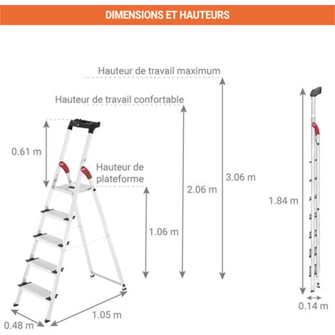 Escabeau pro 5 marches - Hauteur max. de travail 3.06m - 8815-001