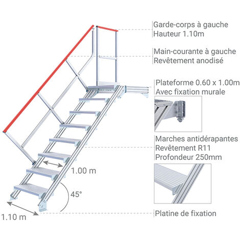 Escalier industriel 4 marches - Hauteur à franchir 0.85m - Inclinaison 45° - Main-courante à gauche - 22211004