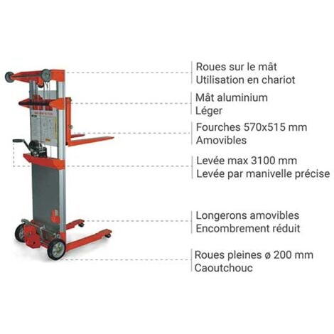 Gerbeur manuel - Levée max 2500 mm - Charge max 181kg - 300281