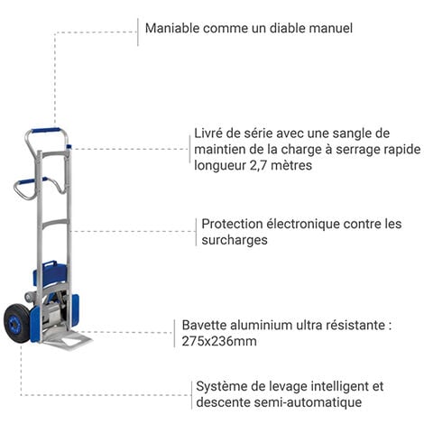 Diable Électrique, Monte-escalier Électrique, Diable Monte-escalier,  Poignée Télescopique Électrique, Batterie Amovible (48 V/36 Ah), Capacité  De