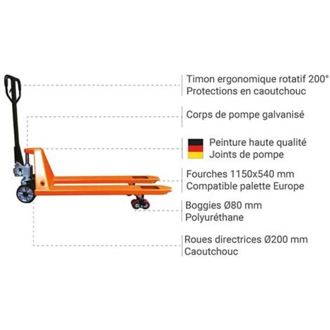 Tire palette manuel couleur orange - Fourches 1150x540mm idéal palette Europe - Capacité 2500kg - Tous secteurs - AC25CBVORANGE
