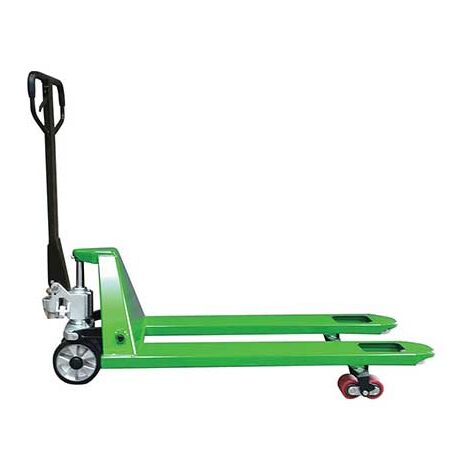Matisère – Transpalette manuel vert – Fourches 1150x540mm – Charge 2500kg – Roues directrices Ø200mm pour tous types de sol – Boggies articulés - AC25CBVVERT