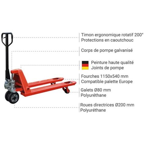 Transpalette roues directrices et galets polyuréthane - Manœuvres faciles - Fourches 1150x540mm - Charge max 2500kg - AC25VGV
