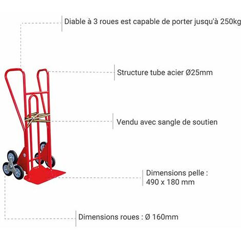 Diable 3 roues pliant charge 250kg - Roues caoutchouc - 810212030