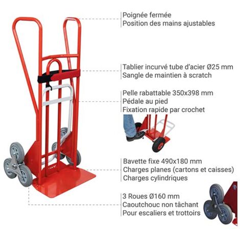 Diable 3 roues pliant charge 250kg - Roues caoutchouc gris non tachant ...
