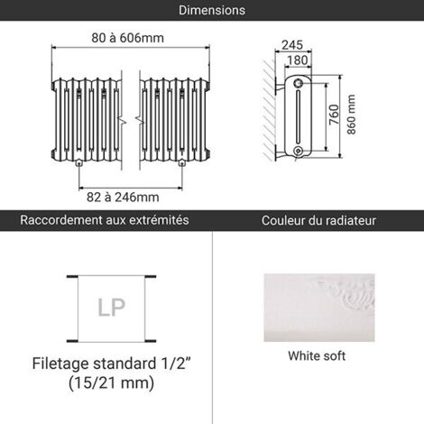 Radiateur fonte blanc sans pieds - Hauteur 860mm Longueur 360mm - 644 ...