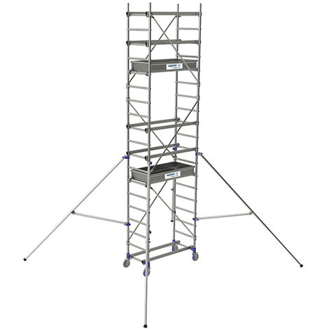 Tubesca Comabi – Échafaudage roulant 2 plateaux en aluminium – Hauteur de travail max. 6.85m – Garde-corps 360° – Roues multi-directionnelles