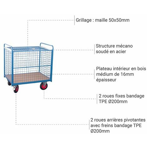 Chariot container haut avec poignée manuelle - Manutention et stockage