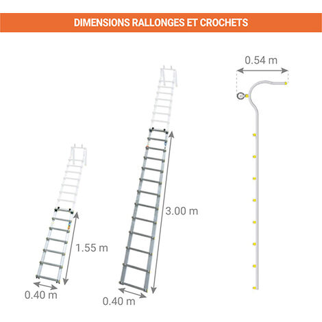 Echelle toit 5.30m avec crochet - 1 échelle 2.30m + 1 rallonge 3.00m - ECHTOIT/530/30/E25