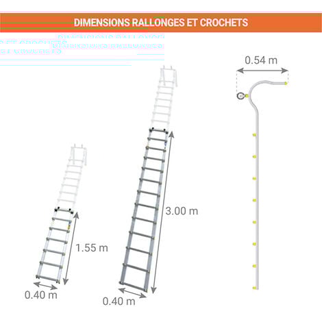 Echelle de couvreur alu 2.30m avec crochet + 1 rallonge 1.55m - ECHTOIT/385/E25