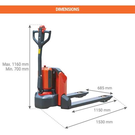 Transpalette électrique à fourches larges - Fourches 1150x685mm - Idéal import/export - Batterie lithium puissante - Capacité 1,5T - PTE15NL