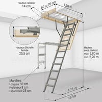 Escalier escamotable métallique - Hauteur maximale sous plafond 2.80m - Ouverture du plafond de 60 x 120cm - LMS60120-2