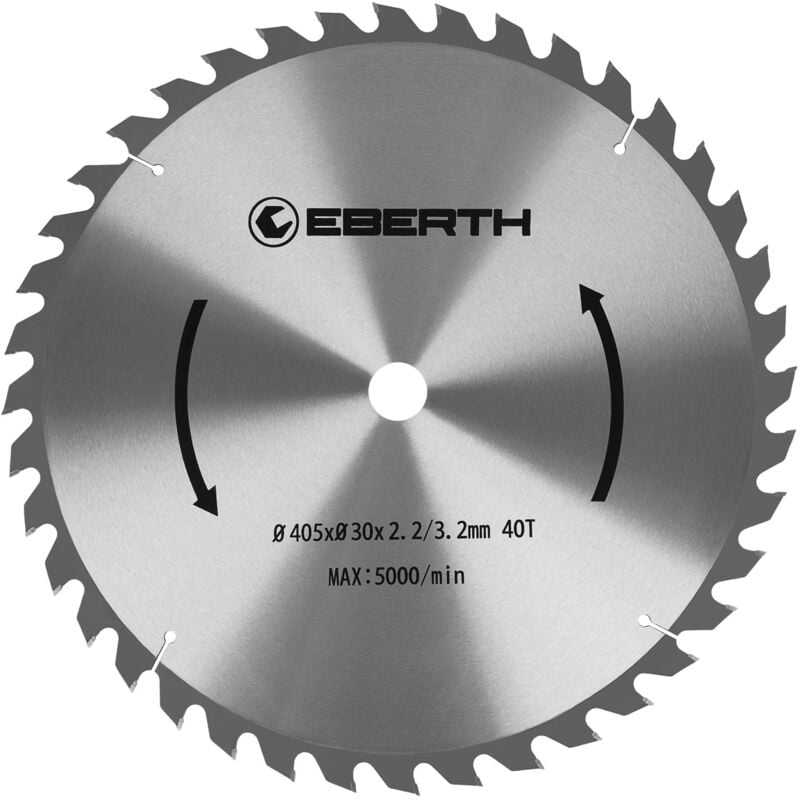 EBERTH Kreissägeblatt Sägeblatt Kreissäge Blatt aus Stahl mit Hartmetall-Zähnen für Holz-Schnitte (405mm Durchmesser, 30mm Bohrung, 2.2mm Blättstärke, 3.2mm Schnittbreite, 40 Zähne, RPM Max. 3500)