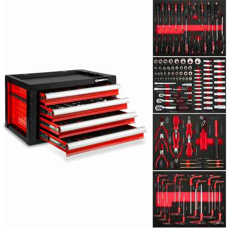 Boîte à outils rouge 4 tiroirs avec 134 pcs d’outils, verrouillable, robuste – générique