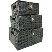 Oypla Set of 3 Black Resin Woven Wicker Style Baskets Hampers Storage Boxes