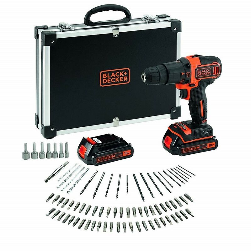 BLACK+DECKER BDCHD18BAFC-QW - Taladro Percutor 18V con 2 baterías 1.5Ah de Litio 80 accesorios cargador y maletín