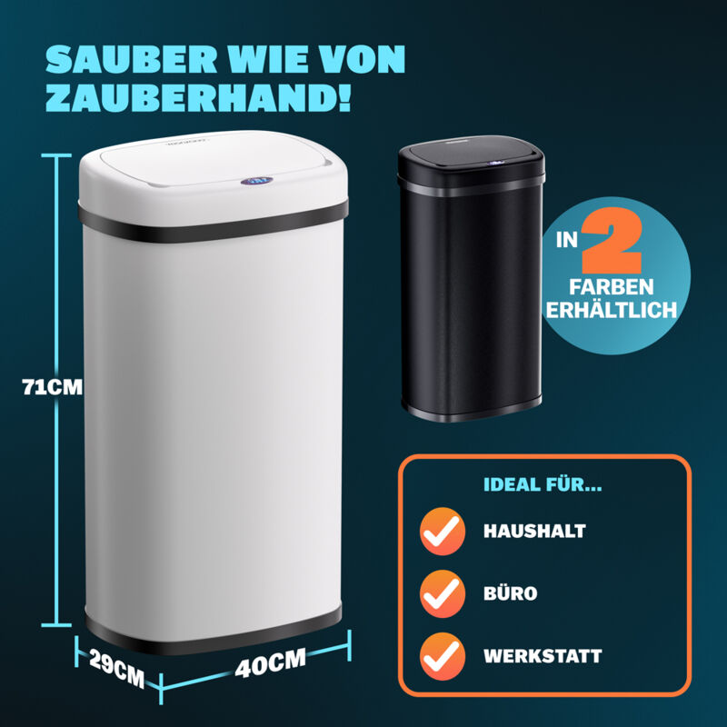 Monzana Cubo de basura con sensor de apertura y cierre automático Basurero  de acero inoxidable 30L 40L 48L Negro - 30 Litros