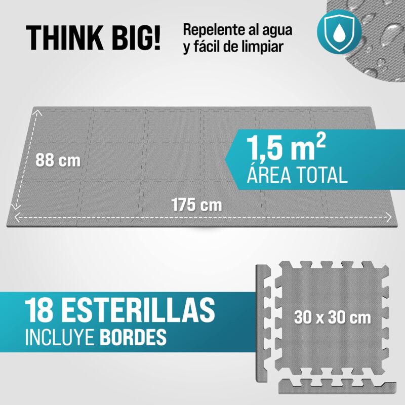 Set De 18 Esterillas Puzzle MONZANA Para Gimnasio - Antideslizantes, 1.5m², Color Gris, Grosor 1cm