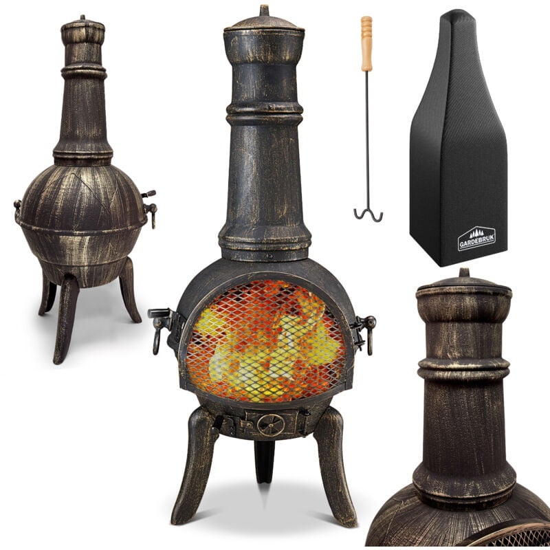 Deuba Chimenea de terraza brasero exterior estufa puerta con cerradura compartimiento cenizas 28kg 112cm estilo rústico