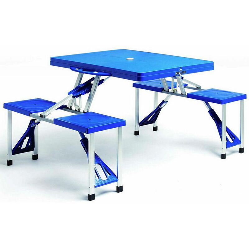 Deuba Conjunto de mesa y taburetes plegable para 4 personas Azul portátil Aluminio Plástico para camping jardín picnic