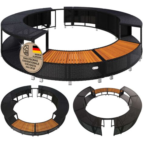 Casaria® Borde de Bañera Hidromasaje Soporte Redondo Piscina Spa 206cm Ø Poliratán Acero Galvanizado Entrada de Madera Eucalipto FSC® Intemperie Alta Calidad