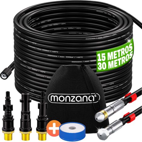 MONZANA® Set de Manguera Premium para Limpieza de Tuberías Desagües 200Bar Incluye 3 Adaptadores 2 Boquillas compatibles con el limpiador de alta presión Kärcher Juego universal 30m (de)