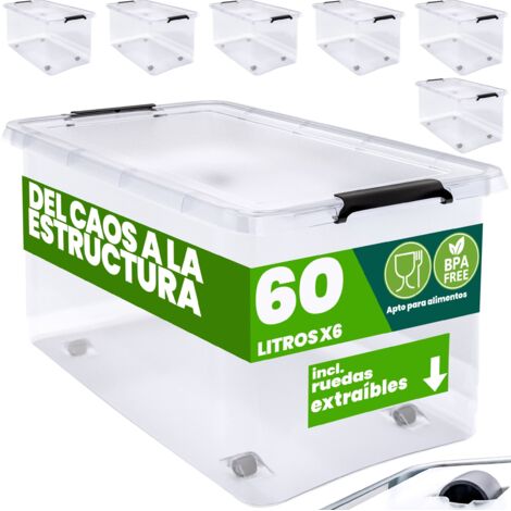 DEUBA® Caja Almacenamiento Plástico Transparente Resistente Capacidad 30 ó 60 Litros Organizador con Tapa 4 Ruedas Libre de BPA Contenedor Apilable 6x 60L (de)