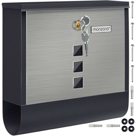 MONZANA® Buzón de Cartas Acero con Tubo para Periódicos Placa Identificación Tapa Giratoria Ventanita de Visualización 2 Llaves Negro - Plata