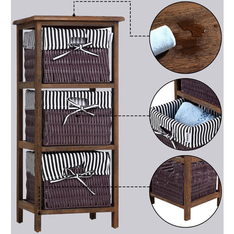 CASARIA® Estantería con 3 cestas de poliratán y estructura de madera de Paulownia mueble de almacenamiento - color a elegir Marrón - Blanco