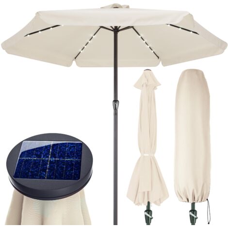 KINGSLEEVE® Sombrilla de Jardin Aluminio Ø 330cm Parasol Luces LEDs Protección UV 80+ Manivela Terraza Balcón  Crema