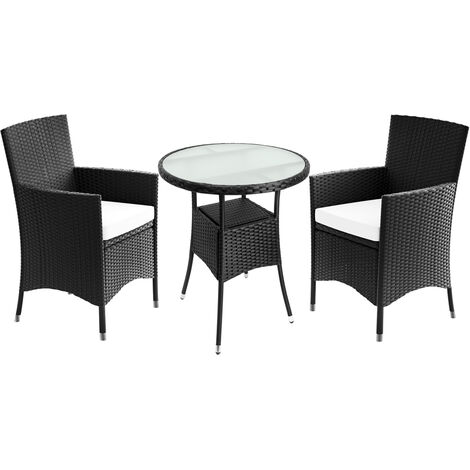 Casaria Conjunto de Balcón 1 Mesa de Jardín y 2 Sillas de Poliratán Negro Muebles de Exterior Tablero de Vidrio Terraza (1/5)