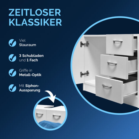 CASARIA® Mueble lavabo Neapel 3 Cajones 63x30x54cm Puerta blanca Mueble bajo de baño Lavabo