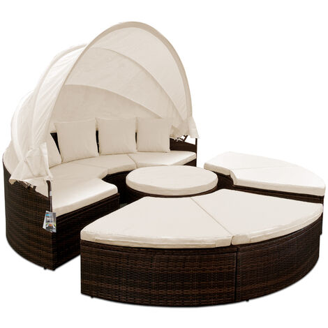 Deuba Tumbona cama isla 230cm techo plegable cojines asientos sofá doble  redonda XXL poliratán jardín terraza
