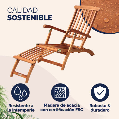 CASARIA Tumbona De Madera De Acacia: Silla Jardín Plegable Con Función Mecedora Y Cojín Incluido | Hasta 120 Kg, Reposapiés Extraíble