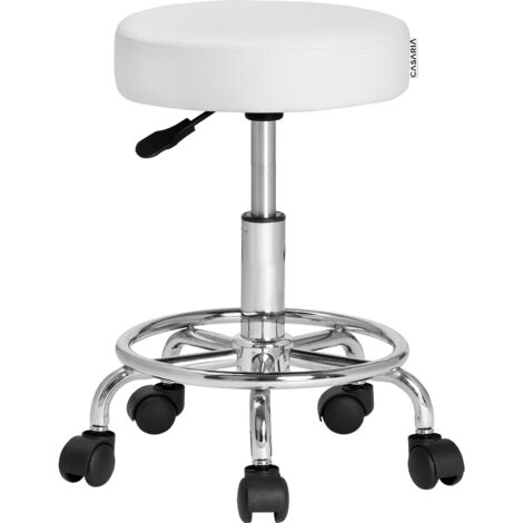 Casaria Taburete ajustable y giratorio con ruedas 360° ajustable de Acero cromado para oficina Blanco