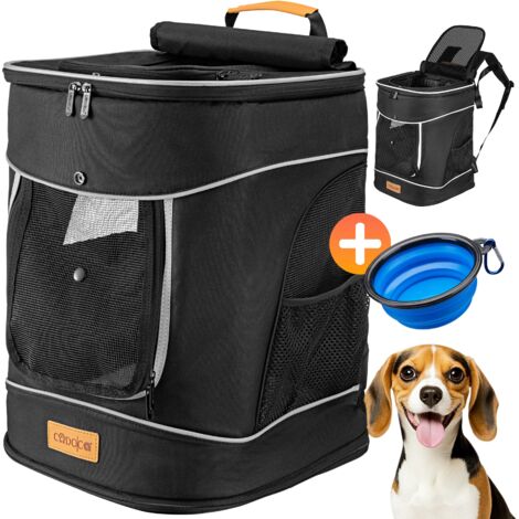 CADOCA® Mochila Transportín Perros Gatos 20 Kg Bolso Transporte Mascotas Plegable Correa Comedero Animales Tiras Reflectantes Viajes Excursiones Negro
