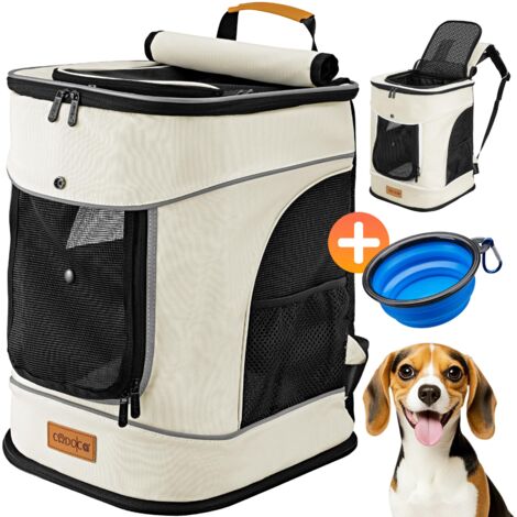 CADOCA® Mochila Transportín Perros Gatos 20 Kg Bolso Transporte Mascotas Plegable Correa Comedero Animales Tiras Reflectantes Viajes Excursiones Beige